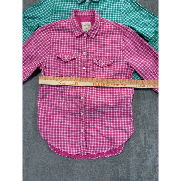 Hollister Gingham Checked Button Up Shirt‎ Pink Green White Double Gauze Logo XS - Picture 5 of 8